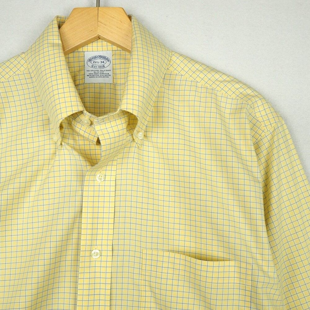 Brooks Brothers Stretch Oxford Dress Shirt Mens 15.5 34 Yellow Check Original Po